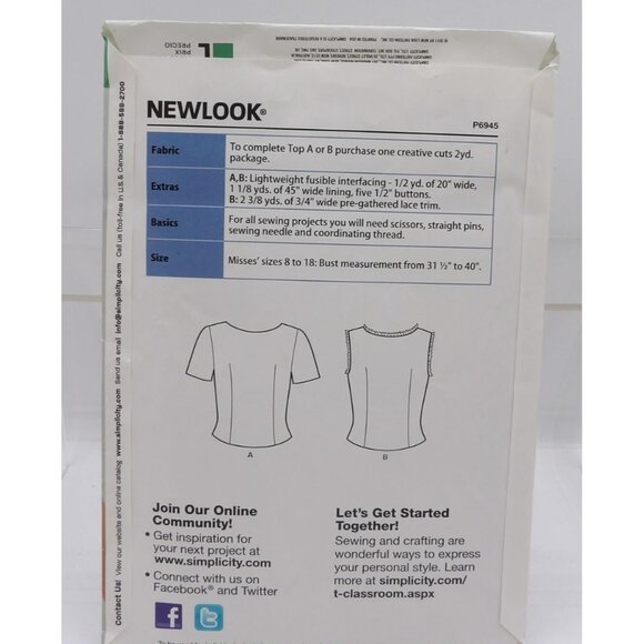 New Look P6945 Misses' Top Sewing Pattern Size A 8-18 (2 Styles) Open/Uncut - Picture 2 of 2